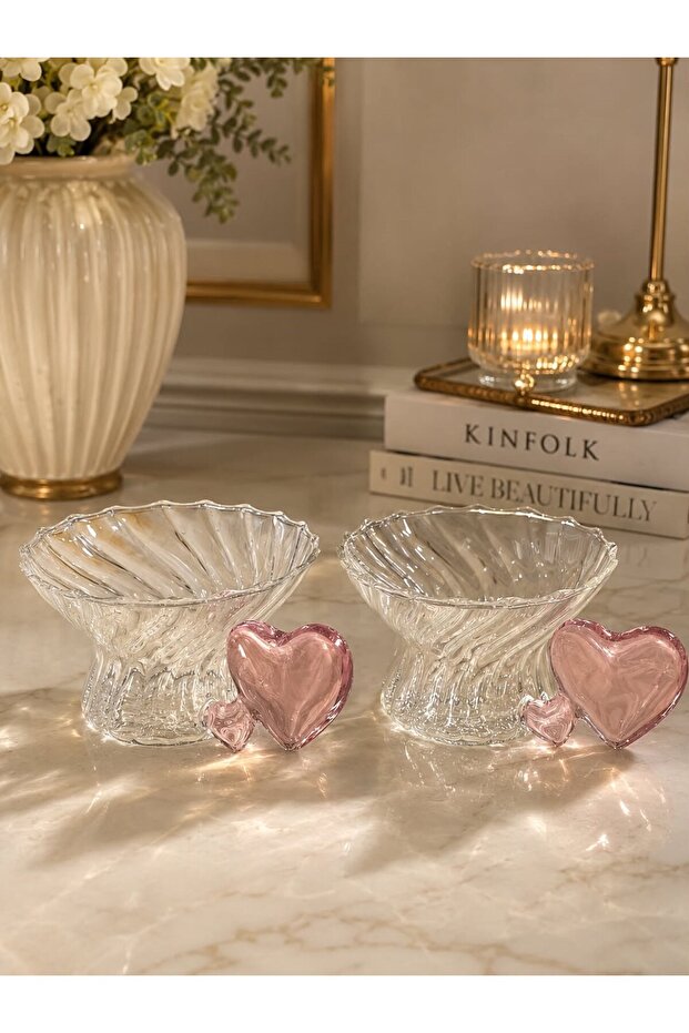 Pink Heart Handle Glass Teacup - Set of 2