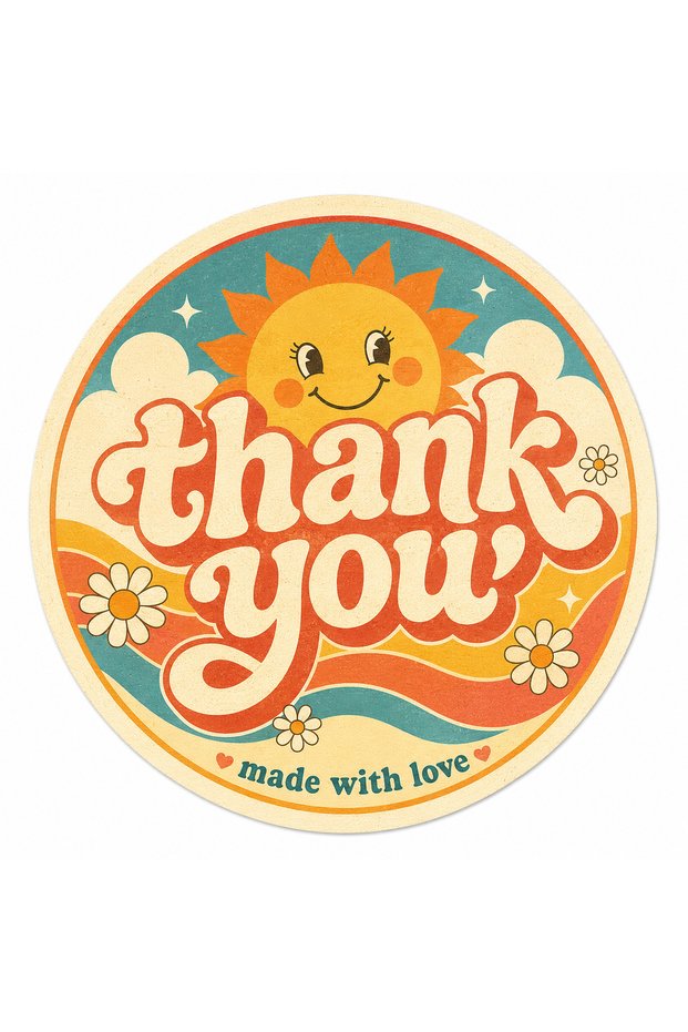 Papelia Retro Summer Thank You Round Sticker – Summer Themed Packaging and Thank You Sticker 4X4 cm 100 Pieces