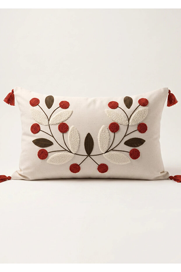 Punch Embroidered Burlap Flower Motif Cushion Cover - 43X43 cm Decorative Cushion