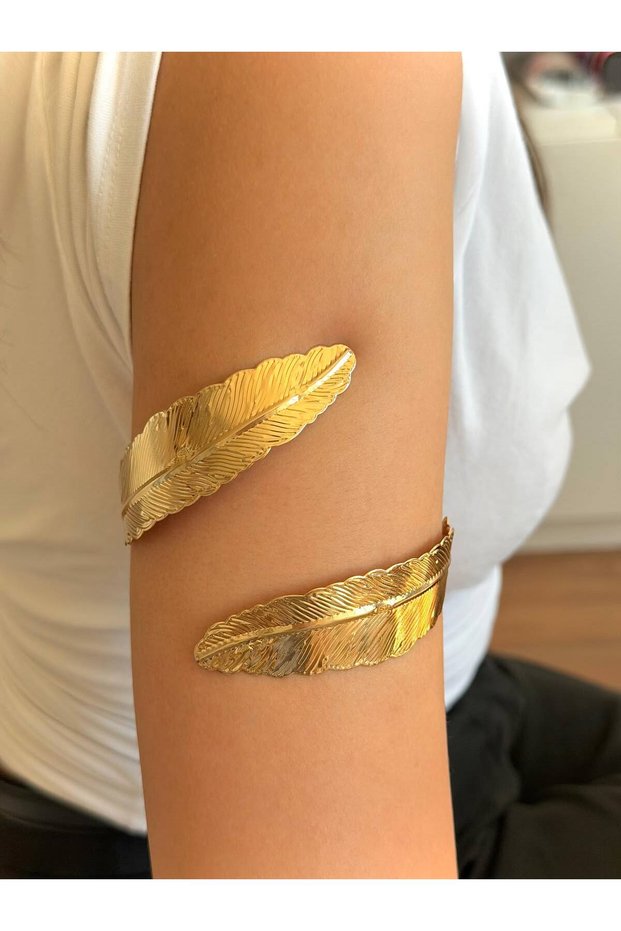 Women's Steel Gold Color Leaf Designed Upper Arm Bracelet
