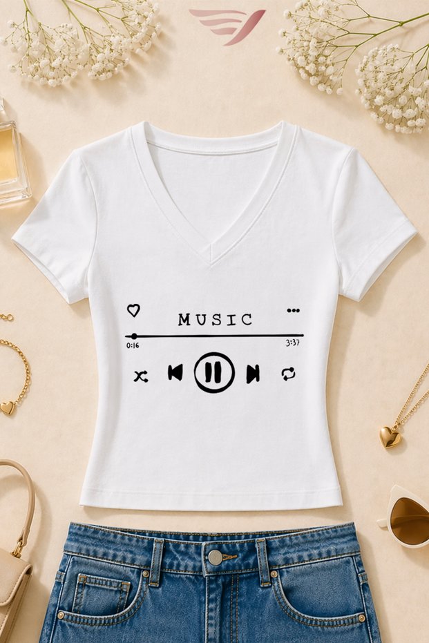 Women's Music Printed Basic Daily Use V-Neck Slim Fit Lycra T-Shirt