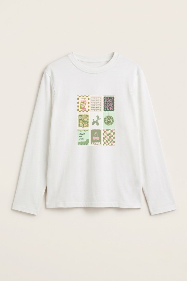 Women's Long Sleeve T-Shirt Sweet Grid Printed White – Stretchy Fabric, Comfortable Fit, Crew Neck
