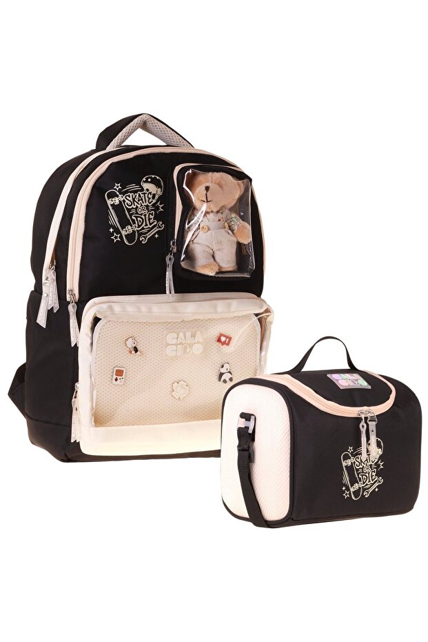 Girl's Primary School Backpack and Lunch Set - Black with Cream Skate Print - Black - Beige Setcc-C4113B
