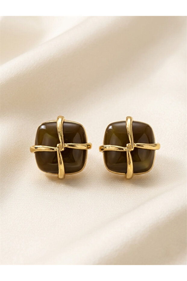 Green Square Shaped Gold Color Earrings with Stripe Detail