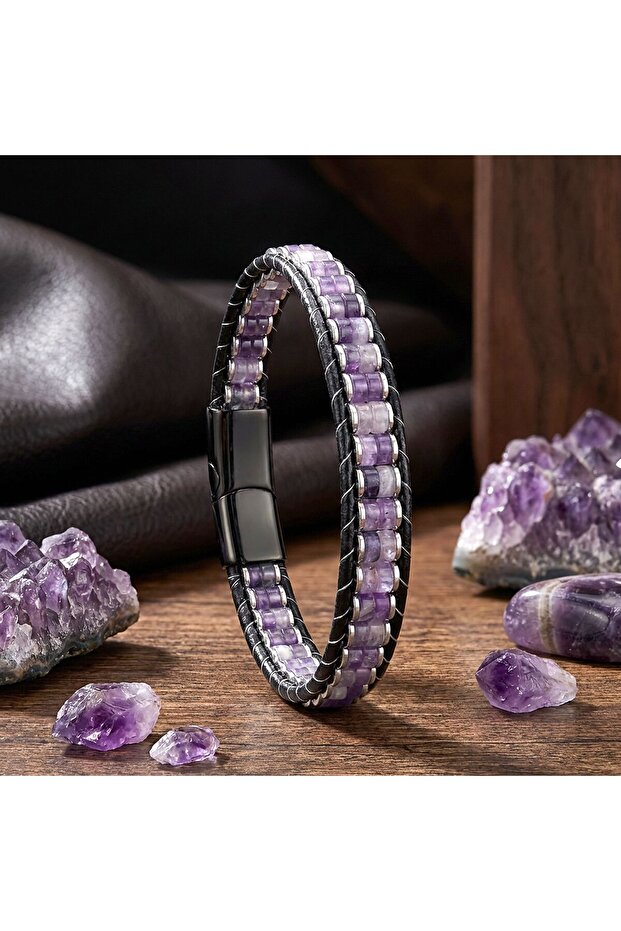 Ametist & Hematite Steel Braided Leather Premium Men's Premium Bracelet 01807