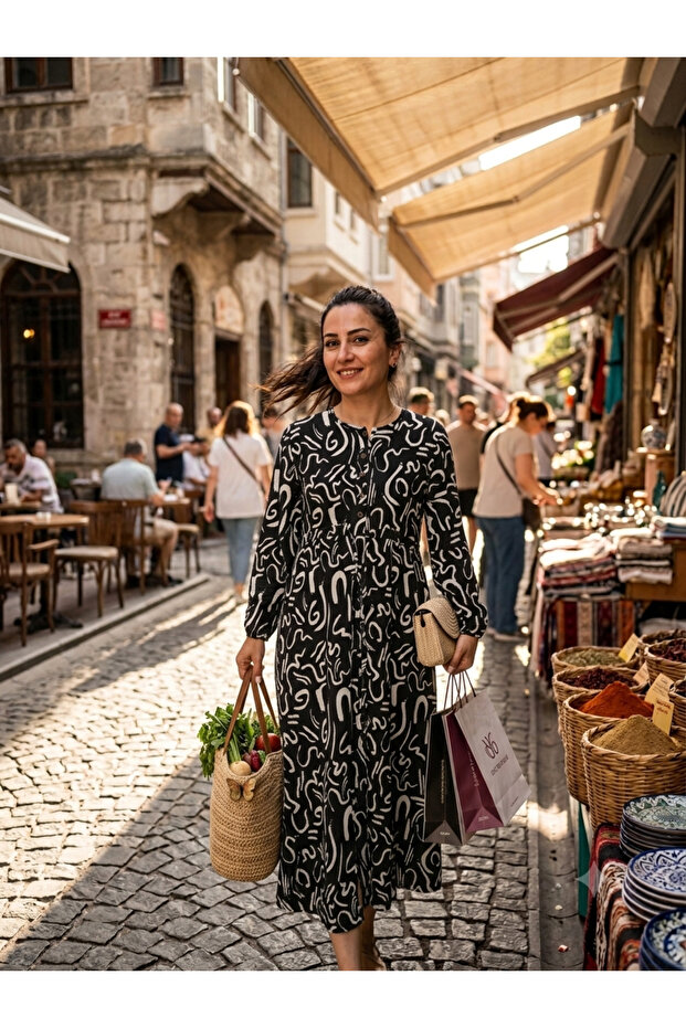Patterned Dress with Lace-Up Waist