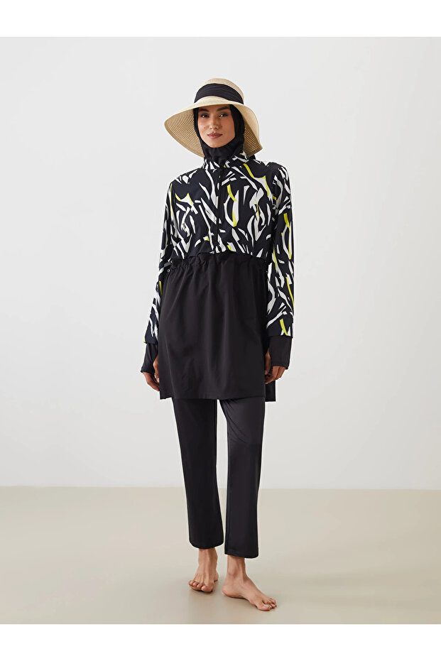 Lcw Dream Black Stand Collar Patterned Women's Hijab Swimsuit Set