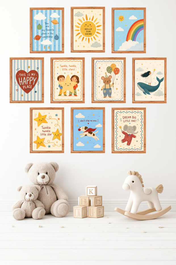 10-Piece Frame Look Pastel Set | Baby Room | Nursery, Minimalist, Vintage Painting Set 15X20 cm Mdf Uv Printing
