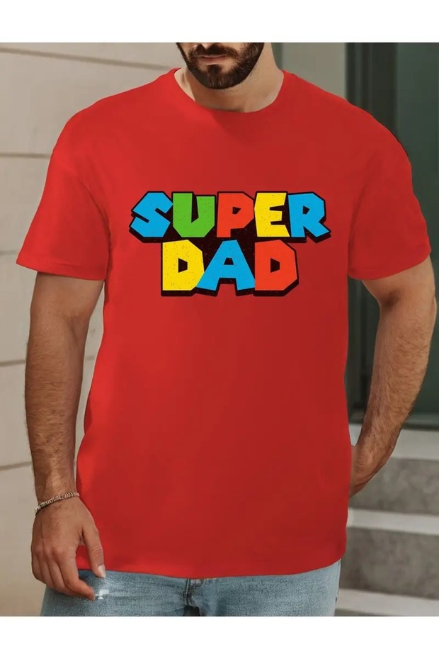 Men's Super Dad Printed Crew Neck Oversize Casual Boyfirend Black T-Shirt