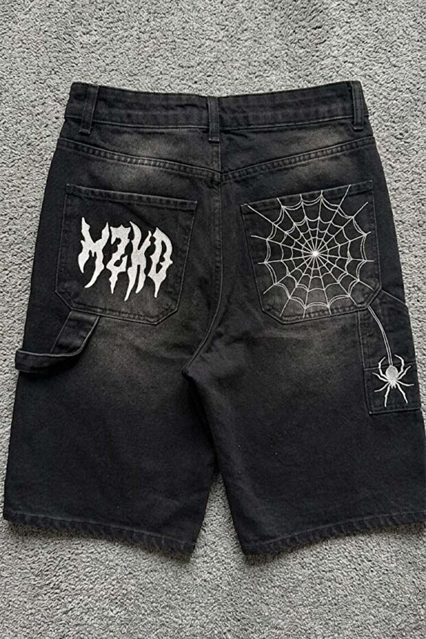 White Mzkd Spider Embroidered Y2K Baggy Unisex Shorts