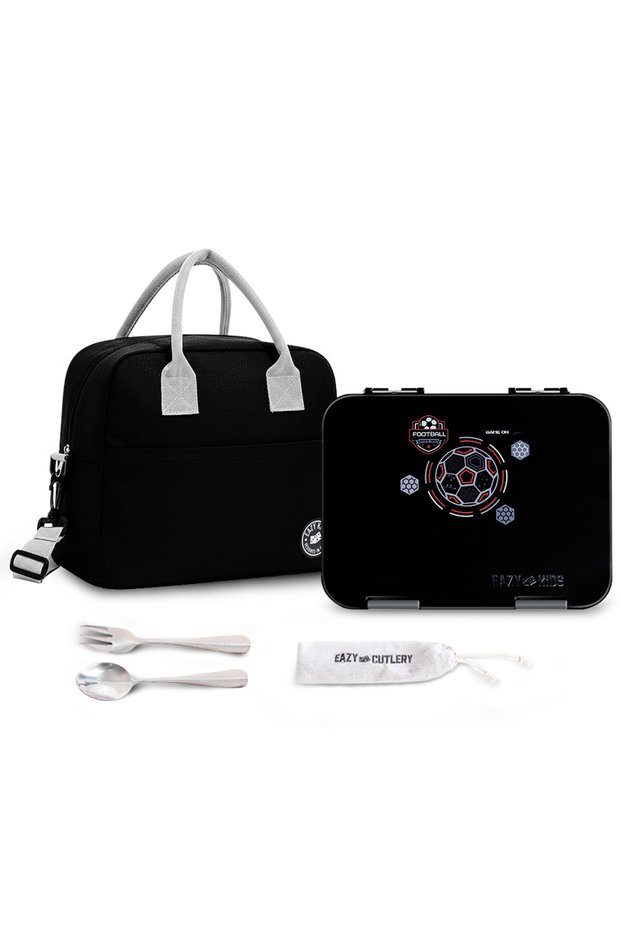 Convertible Bento Lunch Box w/ Insulated Lunch Bag – Football Black