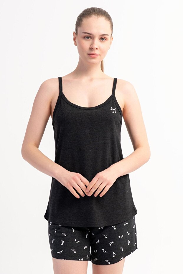 Women's Thin Strap Shorts Black Pajama Set C0T9N2215