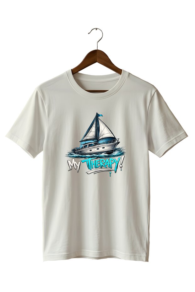 Sailboat and Sea My Therapy Street Style Printed T-Shirt 100% Cotton