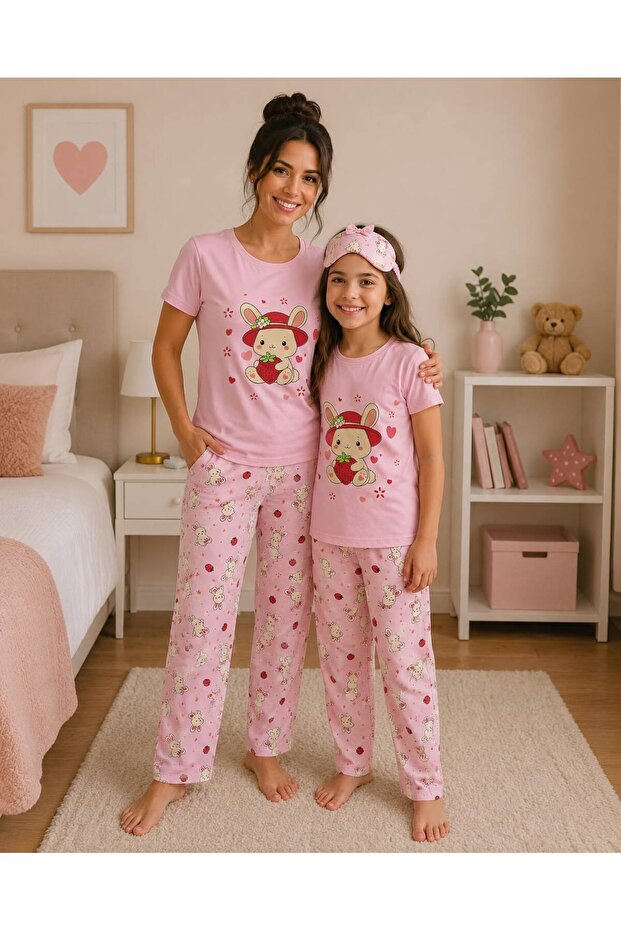 Mother-Daughter Cotton Milan Fabric Pink Rabbit Heart Pattern Short Sleeve Summer Pajama Set