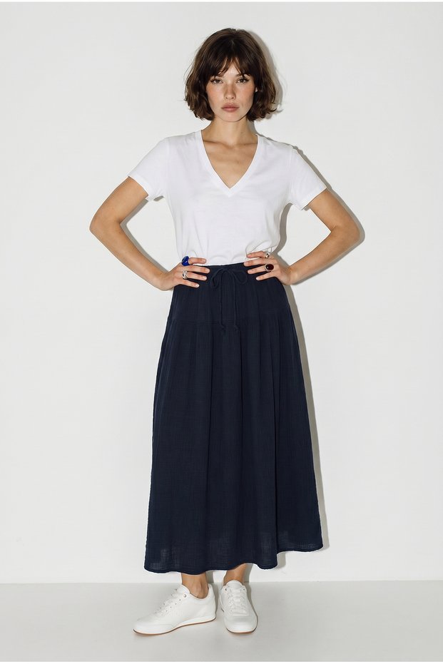 Women's Navy Blue Elastic Waist Lace-Up Muslin Midi Skirt Ye4473 60286111