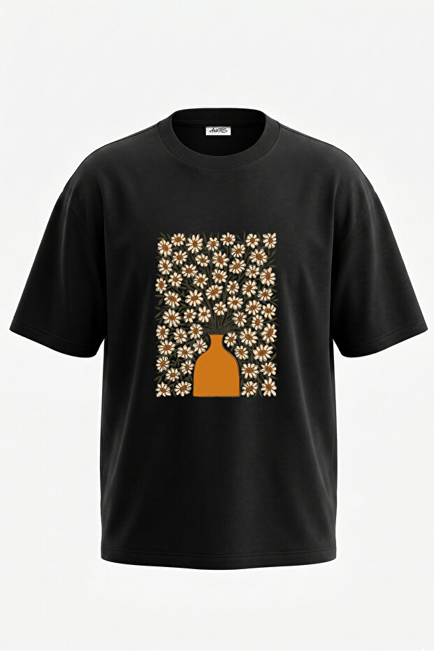 Vazo Cicekler Design Back Printed Cotton Black Oversize T-Shirt
