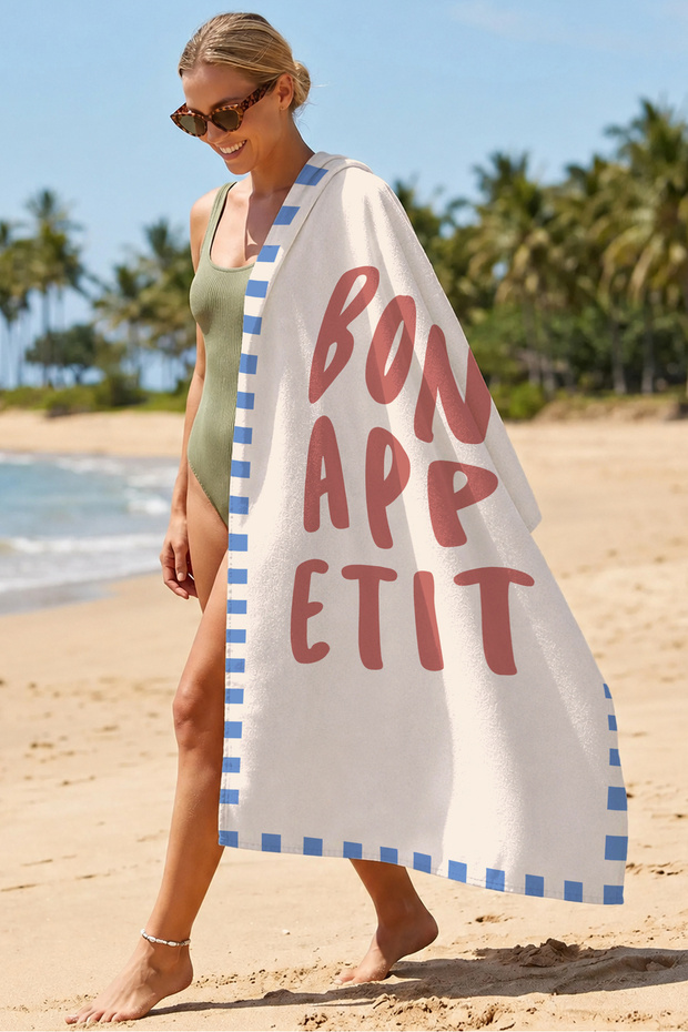 Modern Beach Towel with Written Motto Design - Cream Blue Typographic Pool Sea Bath Beach Cover