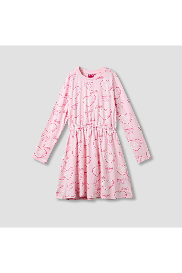 Round Neck Long Sleeves Knee Length Dress with Barbie Print