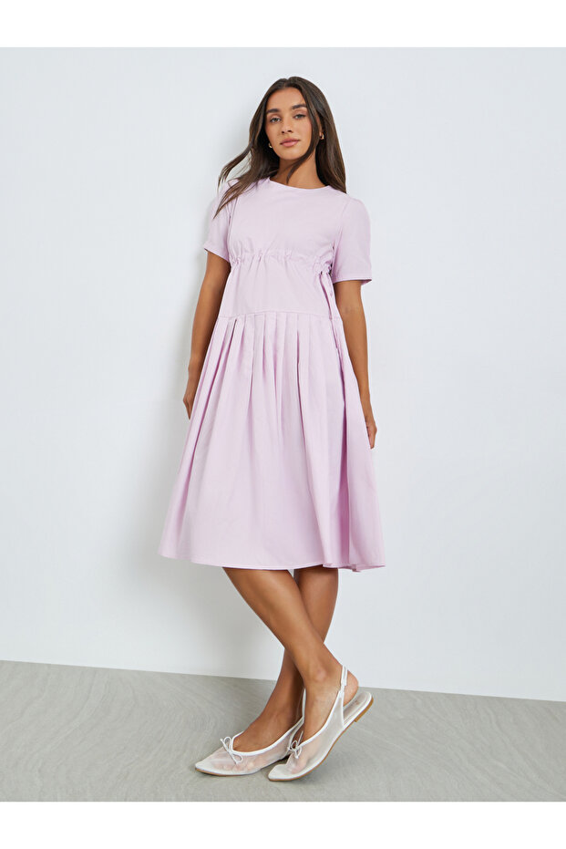 Pink Solid Drawstring Waist Pleated Midi Dress