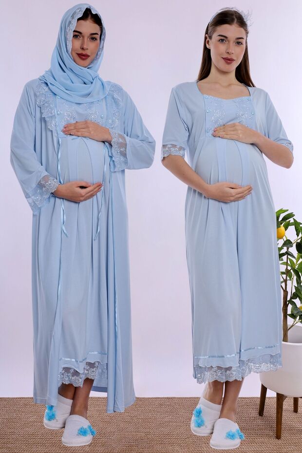 Hijab-Friendly Cotton Nursing Nightgown Set with Dressing Gown Effortt - Blue