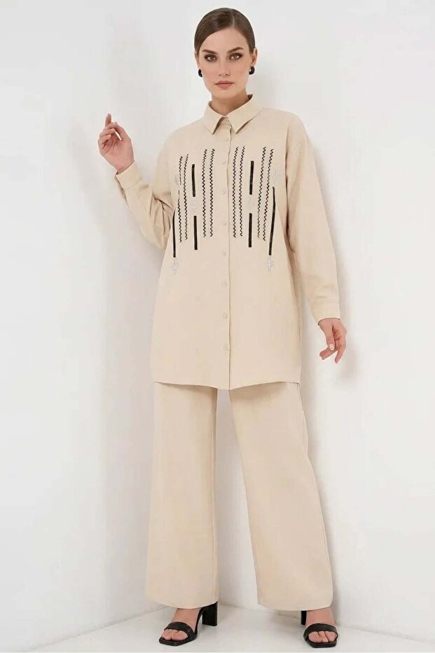 Women's Shirt Collar Patterned Viscose Cream Double Set