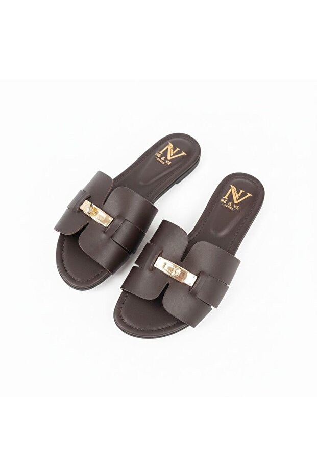 Brown Leather Women's Daily Comfortable Slippers with Lock Accessory Detail