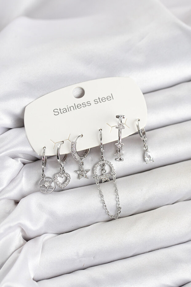 316L Steel Silver Color Zircon Stone Chain Detailed Women's Earring Set -