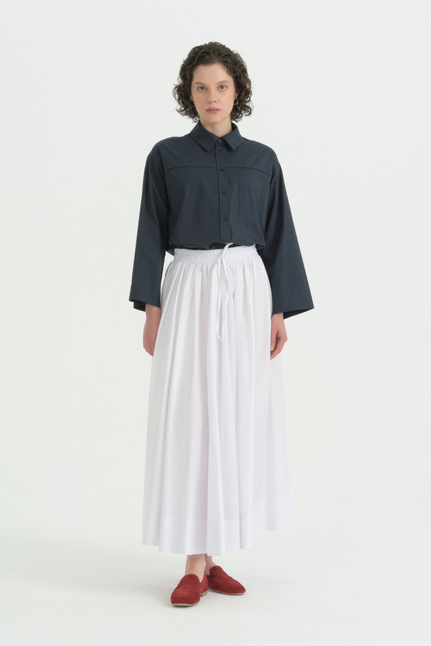 Elastic Waist Gathered Cotton Skirt - White
