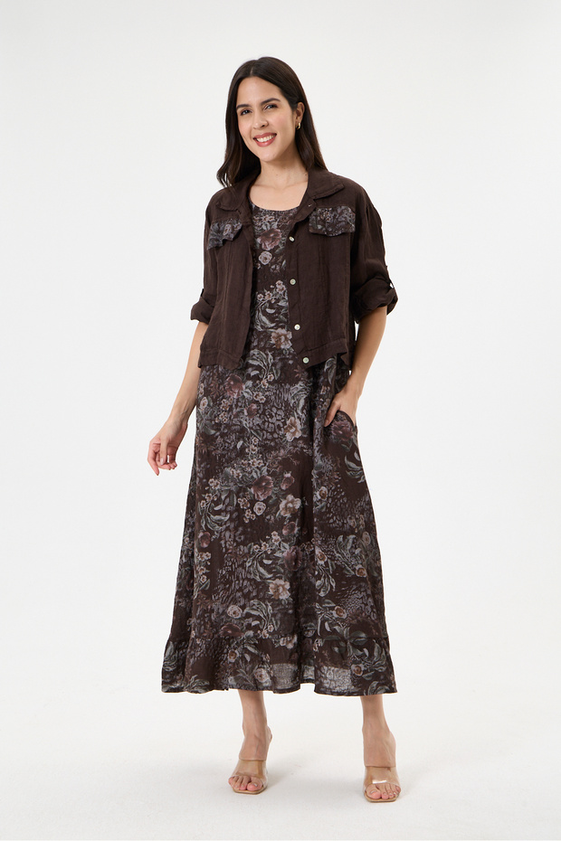 Brown Italian 100% Linen Floral Patterned Double Suit with Jacket Size 38 - 44