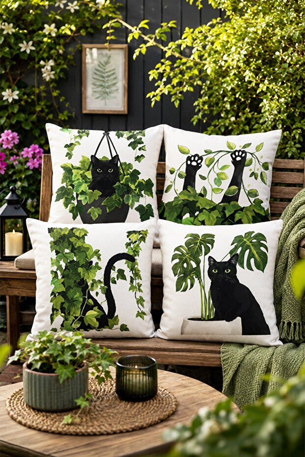 Set of 4 Cat Patterned Cushion Covers with Flowerpot Design