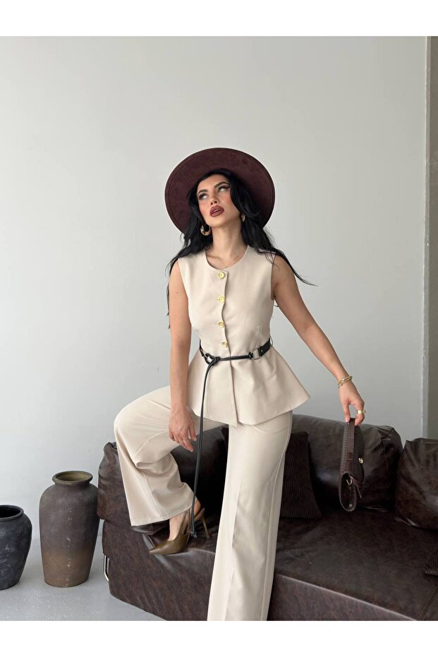 Women's Buttoned Belted Vest and Palazzo Pants Two-Piece Set