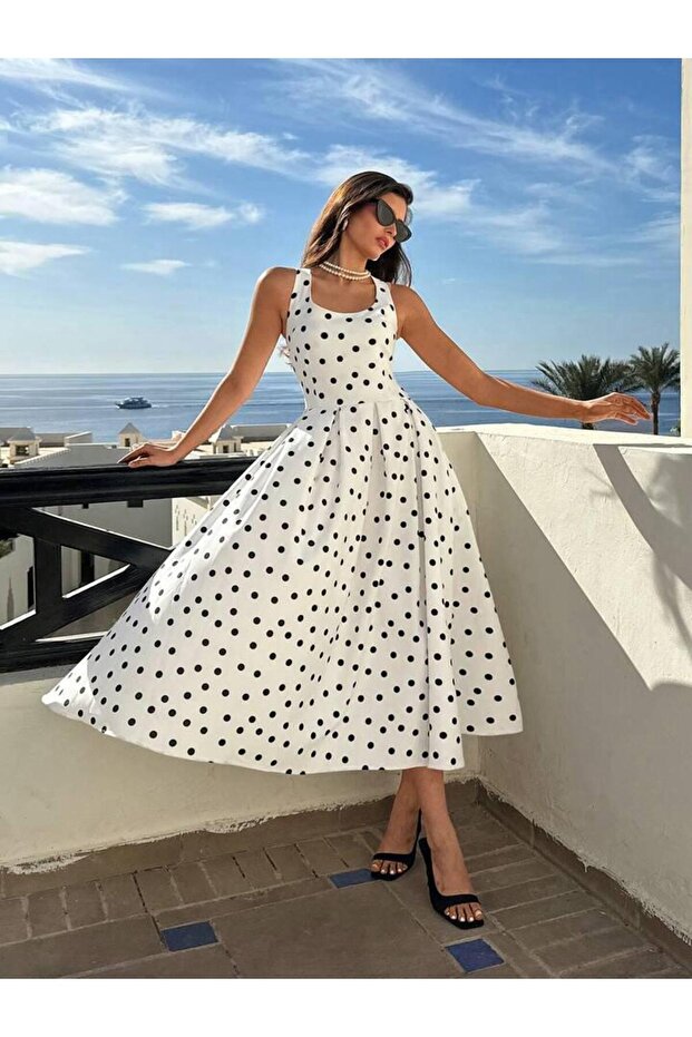 Women's Polka Dot Patterned Long Strap Dress
