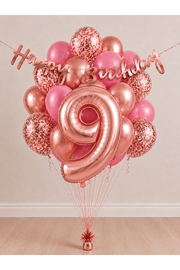 -9- Age Rose Gold Happy Birthday Banner Themed Balloon Bundle 15 Pieces