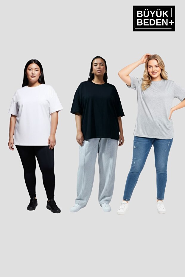 طقم تيشيرتات نسائية مقاس كبير 3XL-6XL برقبة دائرية مكون من 3 قطع SPR26BTSK510+3