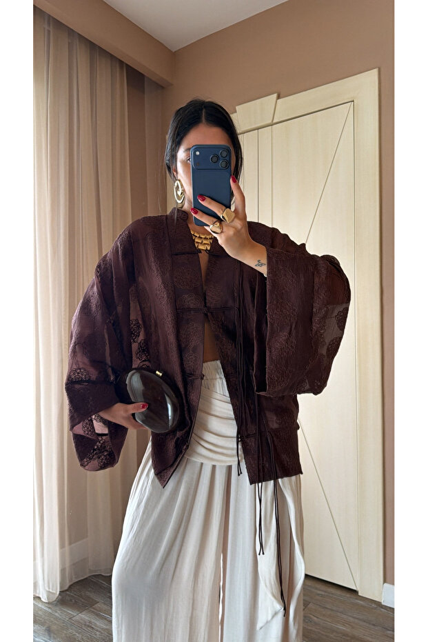 Brown Rope Laced Embroidered Kimono - 5096