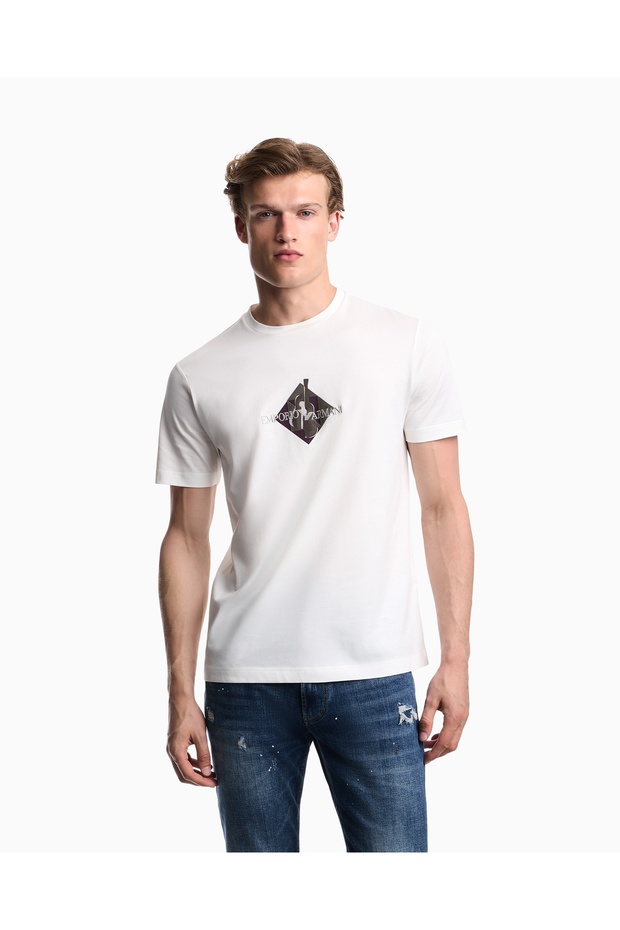 Men's Breathable Cotton Jersey Fabric Patterned Short Sleeve White T-Shirt