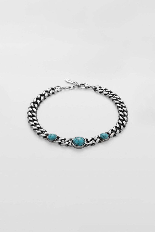 Men's Turquoise Stone Embellished Steel Bracelet Silver
