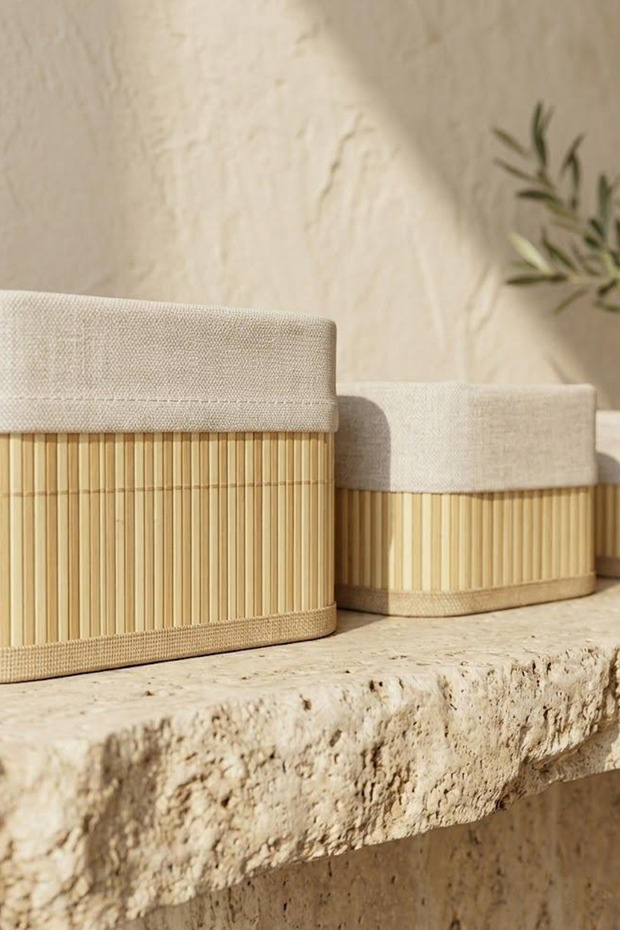 3-Piece Rectangular Fabric Multi-Purpose Bamboo Basket Set - 3