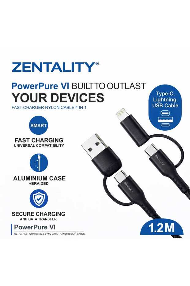 PowerPure VI 4-in-1 Fast Charging Nylon USB Cable 1.2M