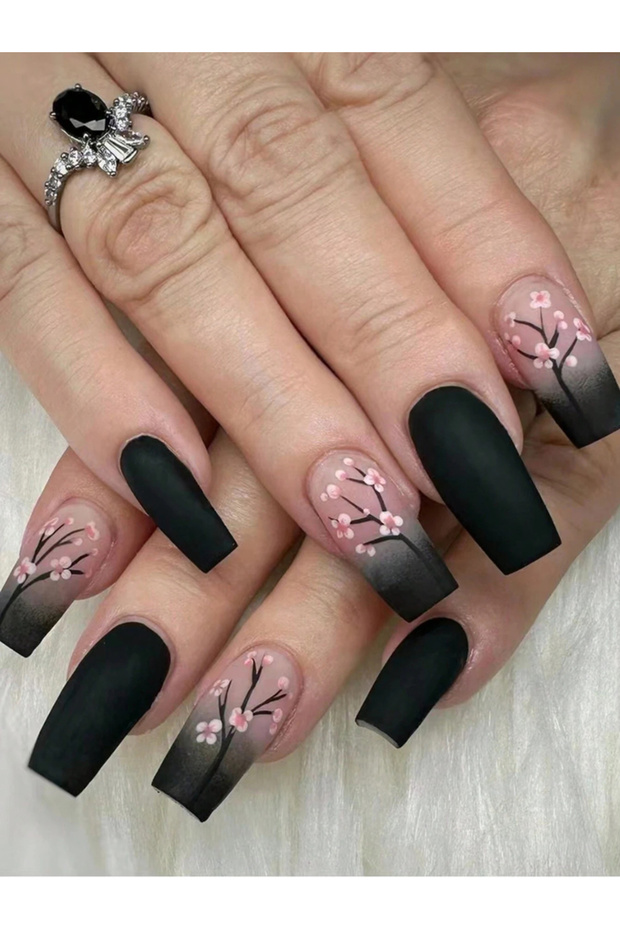 Red 24PCS Coffin Nails Pure Black Nails Decorated With Cherry Blossoms Whitening Nail Art Set With D