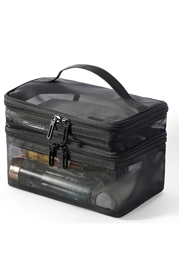 Black Travel 2 Layers Cosmetic Organizer Bag Transparent Folding Mesh Zipper Storage Pouch Large Cap