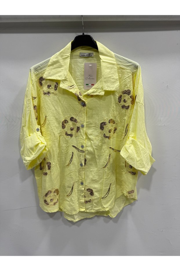 Women's Yellow Italian Plus Size Floral Embroidered Sequin Embroidered Foldable Long Sleeve Shirt 42 - 48 Size