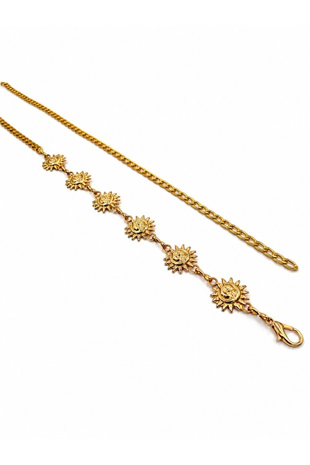 Women's Gold Chain Belt – Metal Waist Belt with Sun Figure – Dress and Tunic Accessory