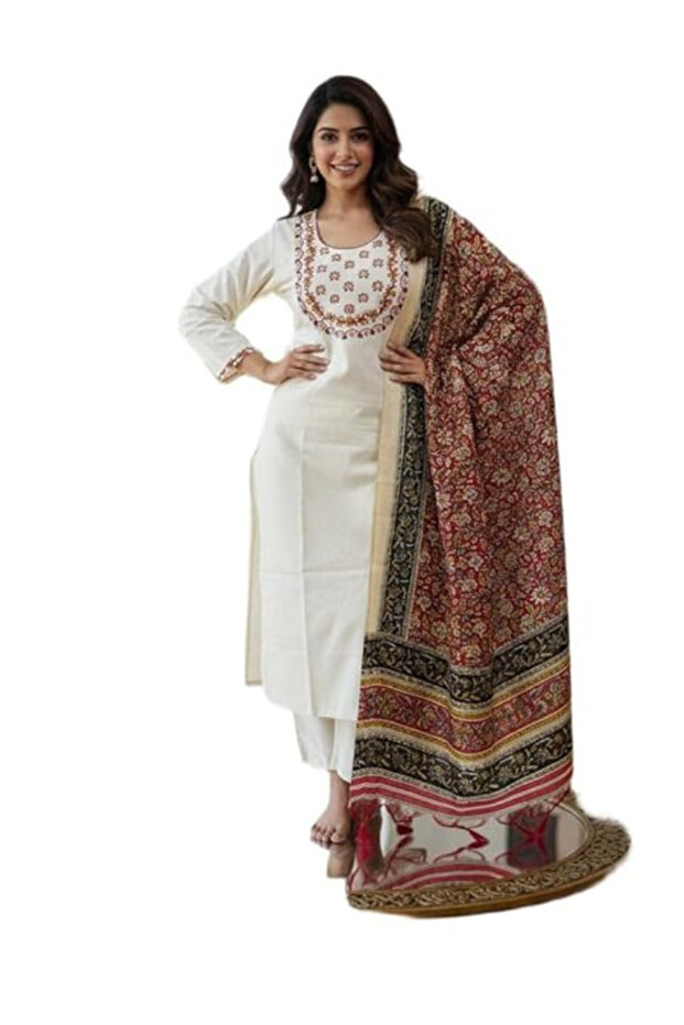 White Khadi Cotton Embroidered Suit Set - TRT1573 | White