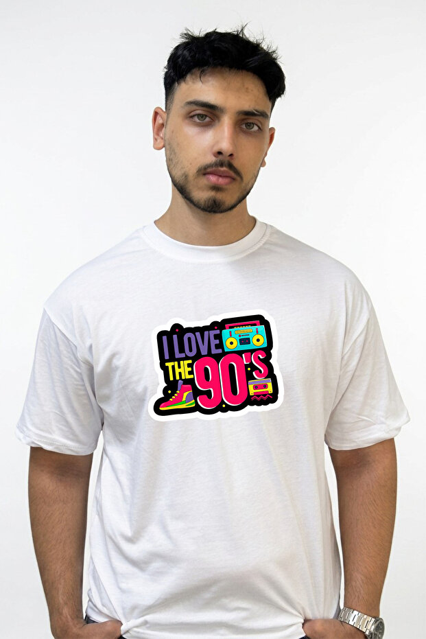 90S Retro Design Printed Oversize White T-Shirt