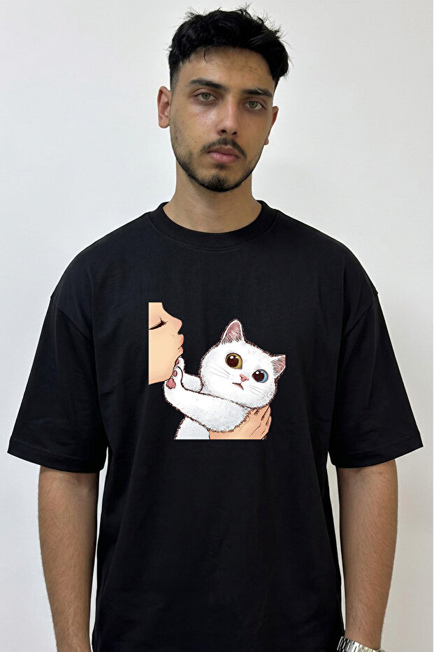 Cat Opucuk Design Printed Oversize Black T-Shirt