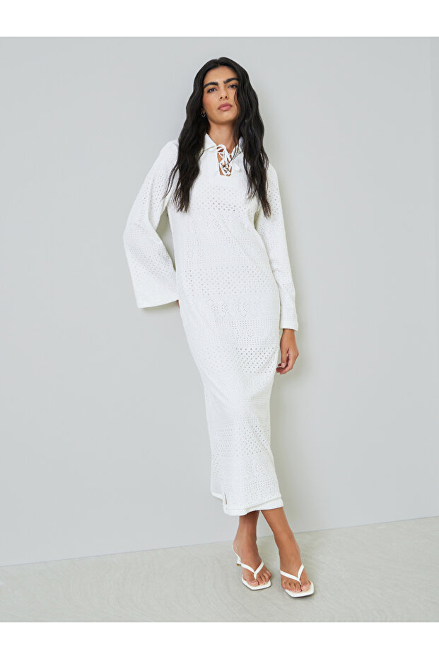 White Eyelet Long Sleeves Shirt Maxi Dress