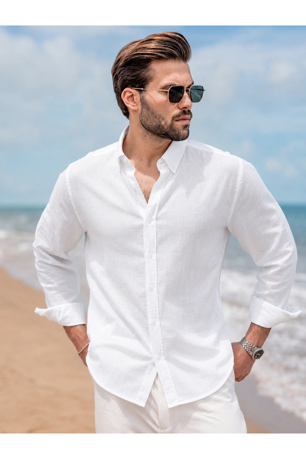 Men's 100% Cotton Linen Textured Shirt Summer Comfortable Fit White