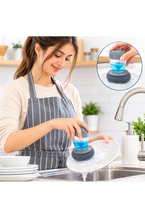 Soap Dispensing Dish Brush with Refillable Liquid Reservoir | Palm Grip Kitchen Scrub Brush | Non-Scratch Cleaning Brush for Pots, Pans, Dishes, Sinks & Cookware | Reusable Soap Dispenser Scrubber