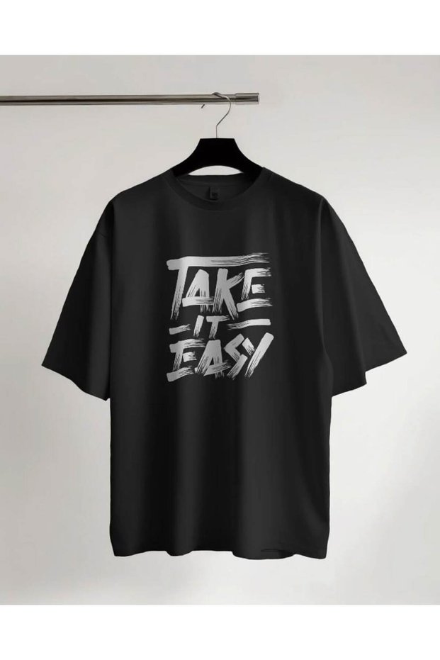 Unisex Oversized Printed Crew Neck Short Sleeve Black T-Shirt